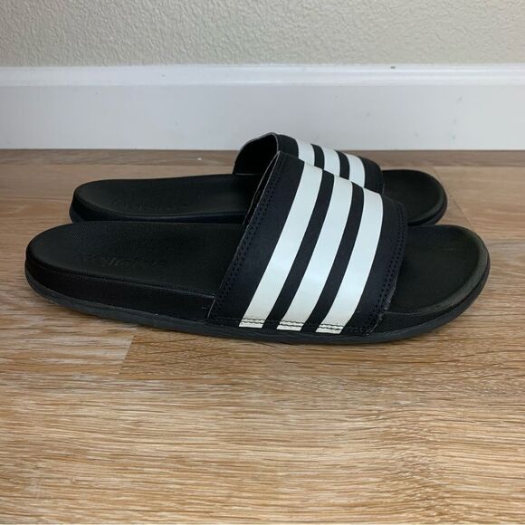 Adidas Women’s Black White Striped Slide Sandals - Picture 2 of 12